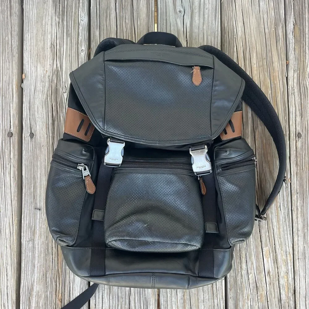 Coach Terrain Trek Backpack Perforated Leather Nylon Bag Black F57477
